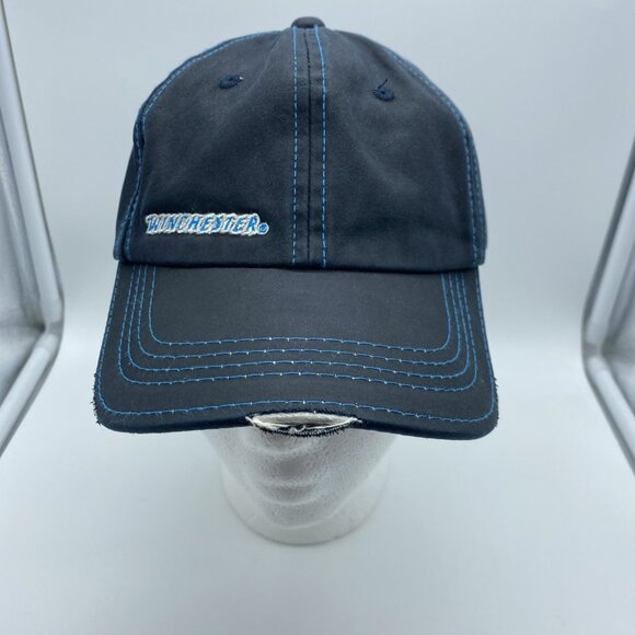 Winchester Blue Adjustable Baseball Cap Hat Strap-back Oiled Fabric Worn Bill - Picture 1 of 16
